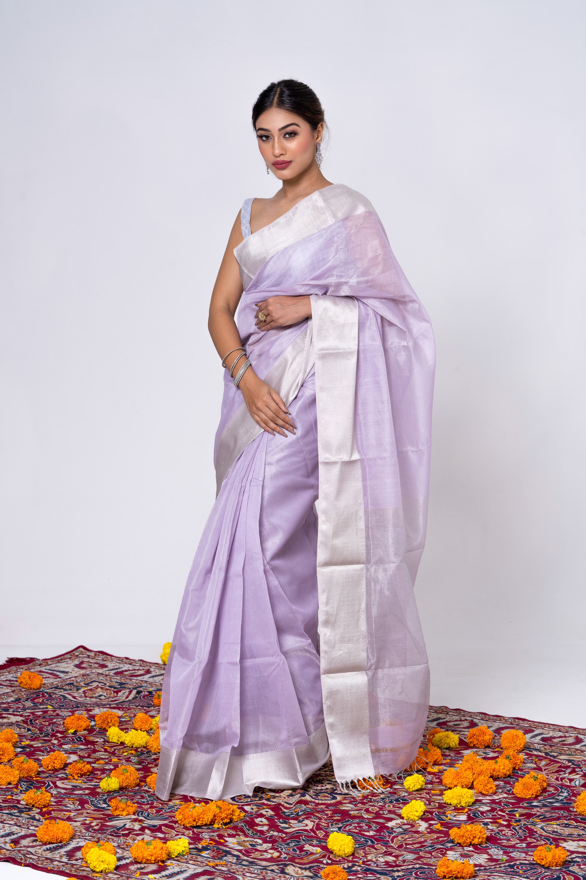 Lavender Silver Zari Tissue Maheshwari Saree