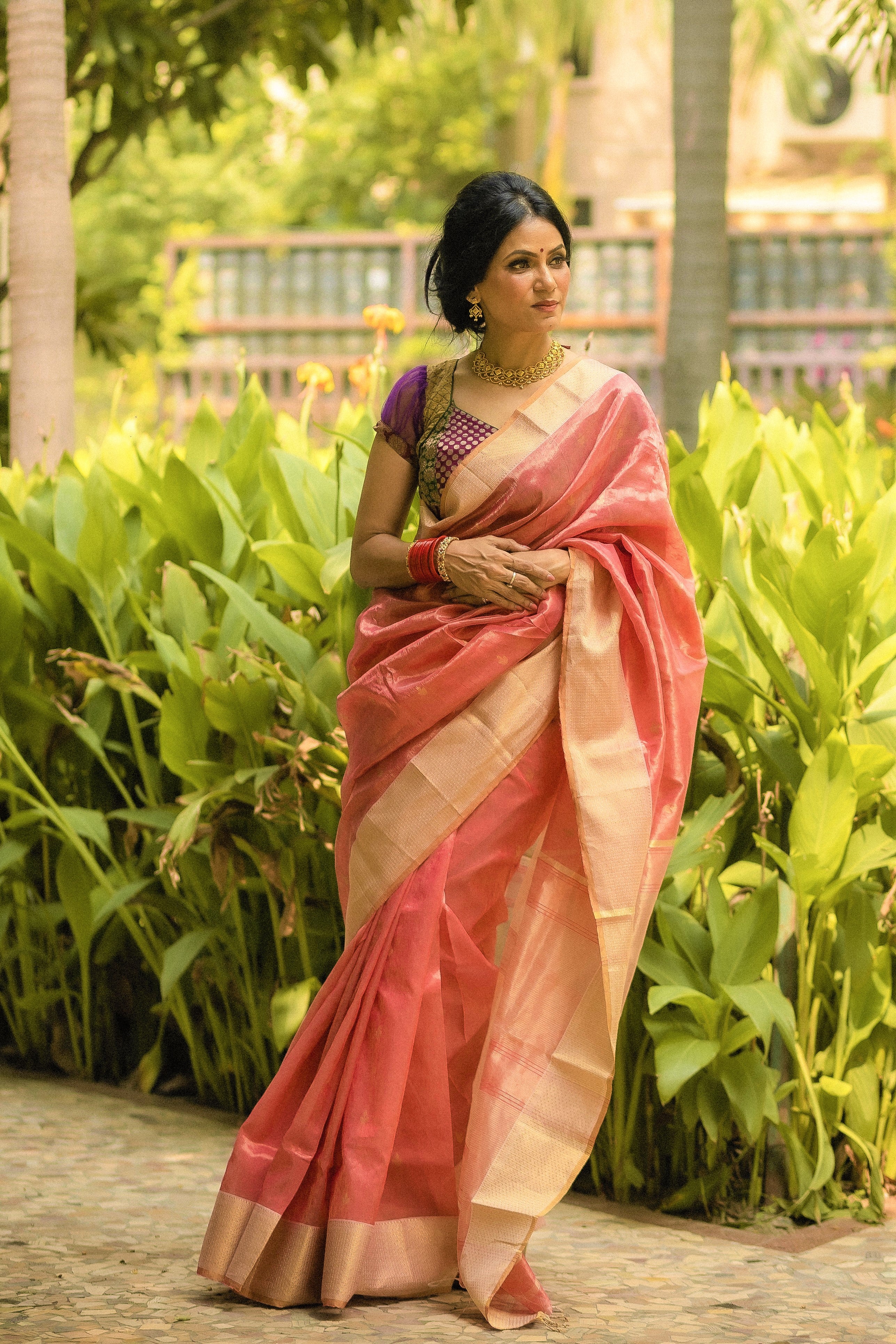 pink tissue twisted weave maheshwari saree