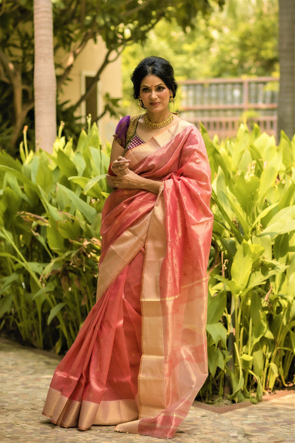 pink tissue twisted weave maheshwari saree