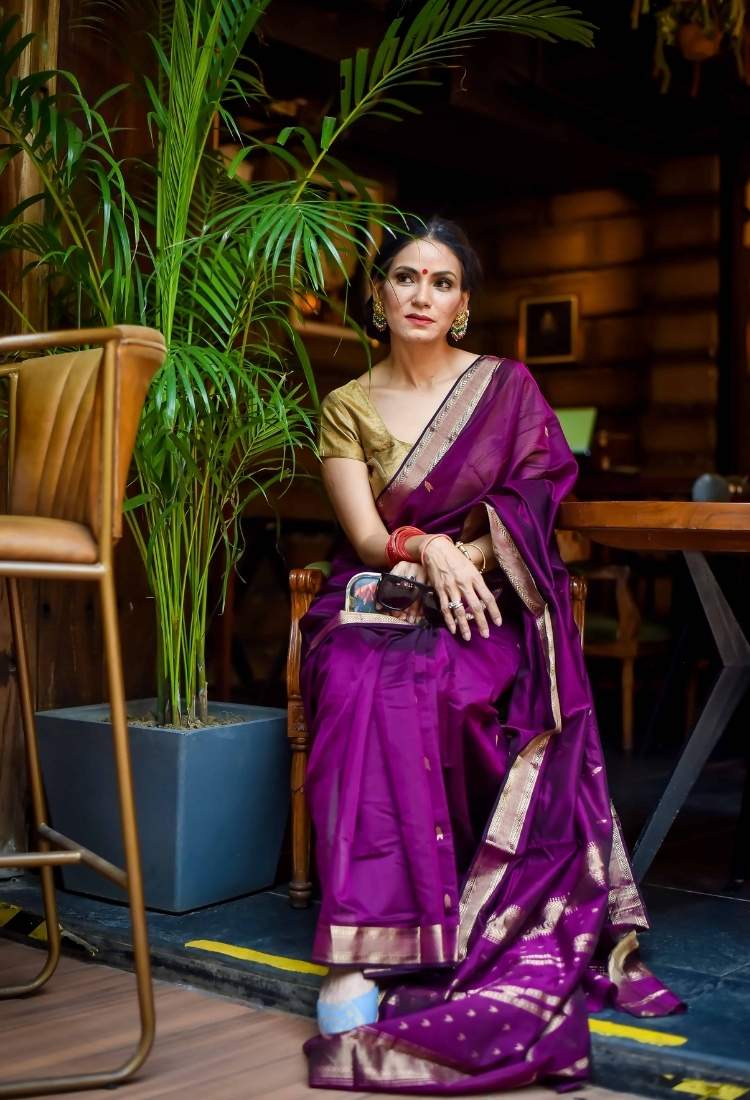 Purple Traditional Handwoven Maheshwari Saree