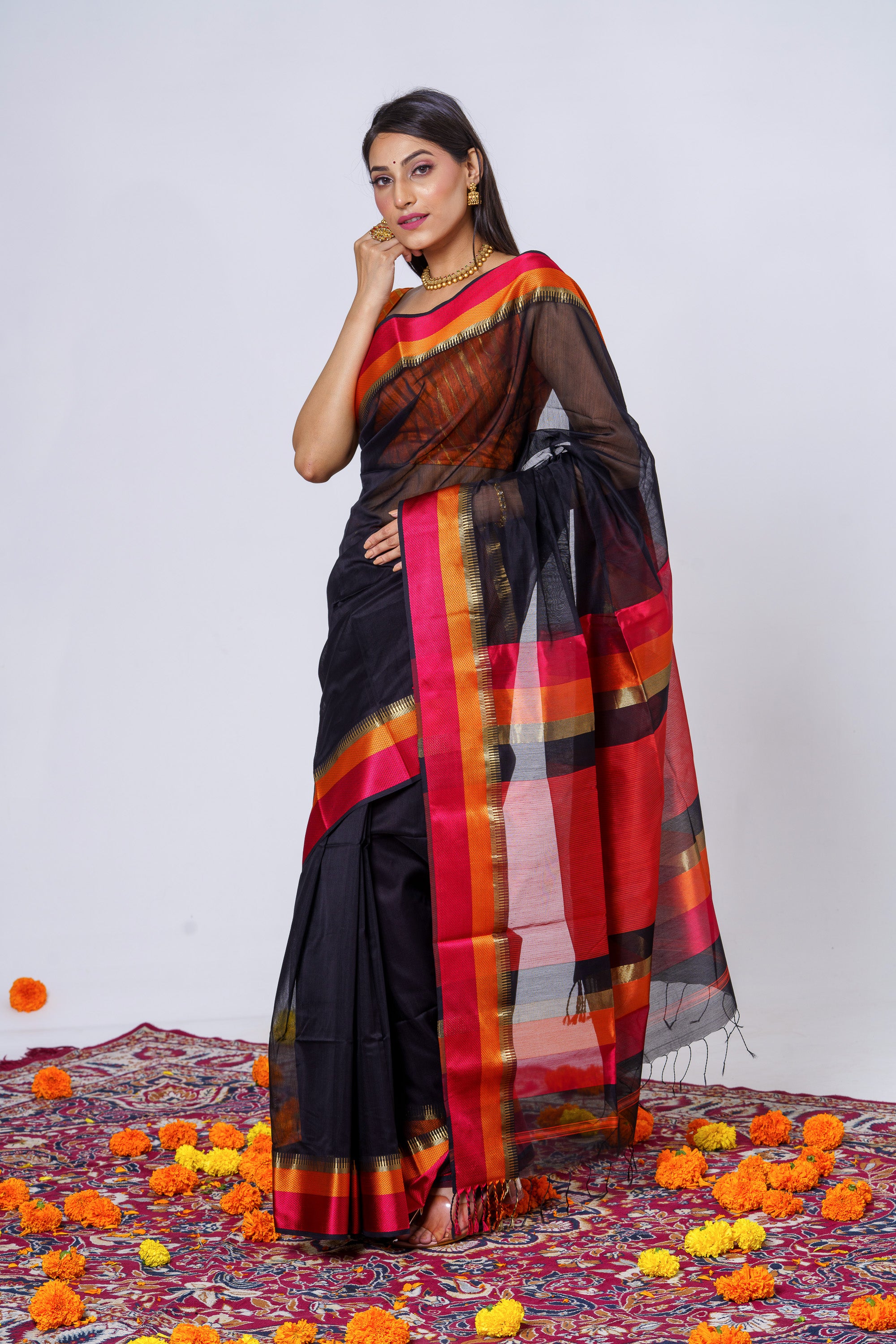 Black Current Maheshwari Saree