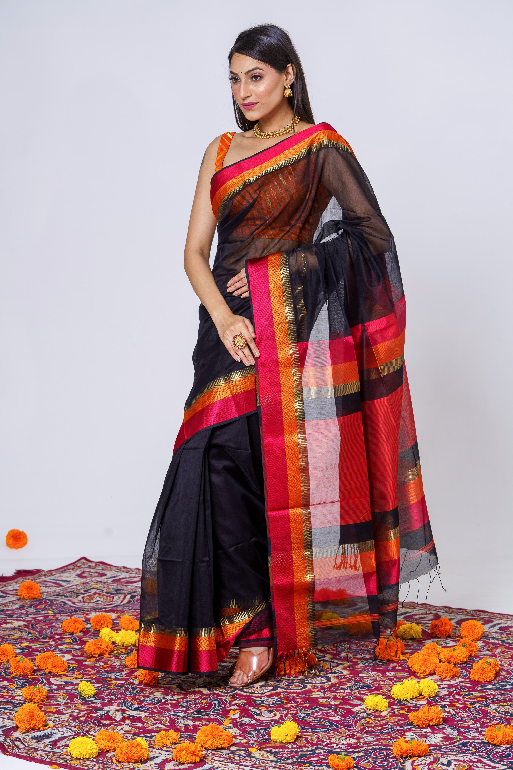 Black Current Maheshwari Saree