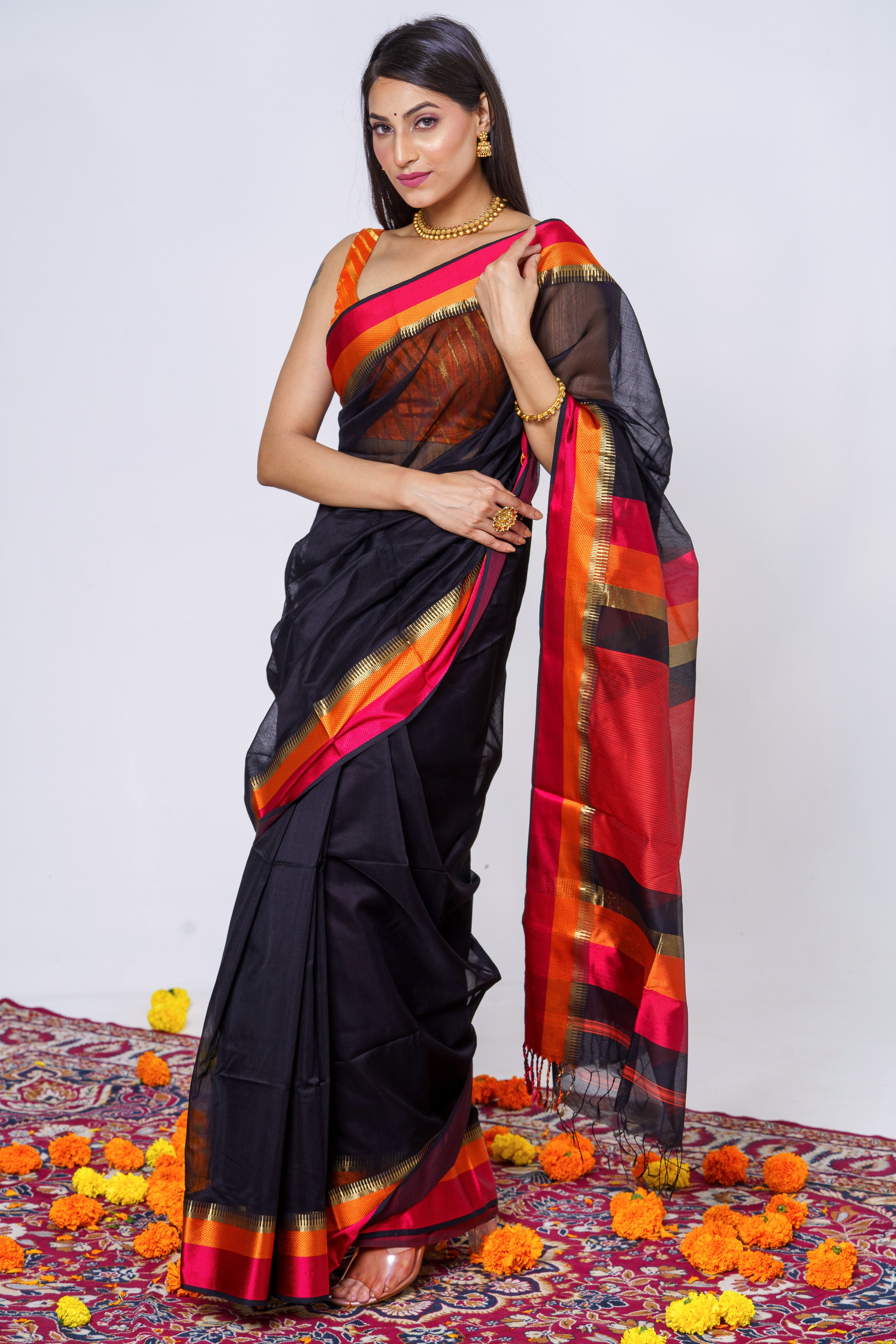 Black Current Maheshwari Saree