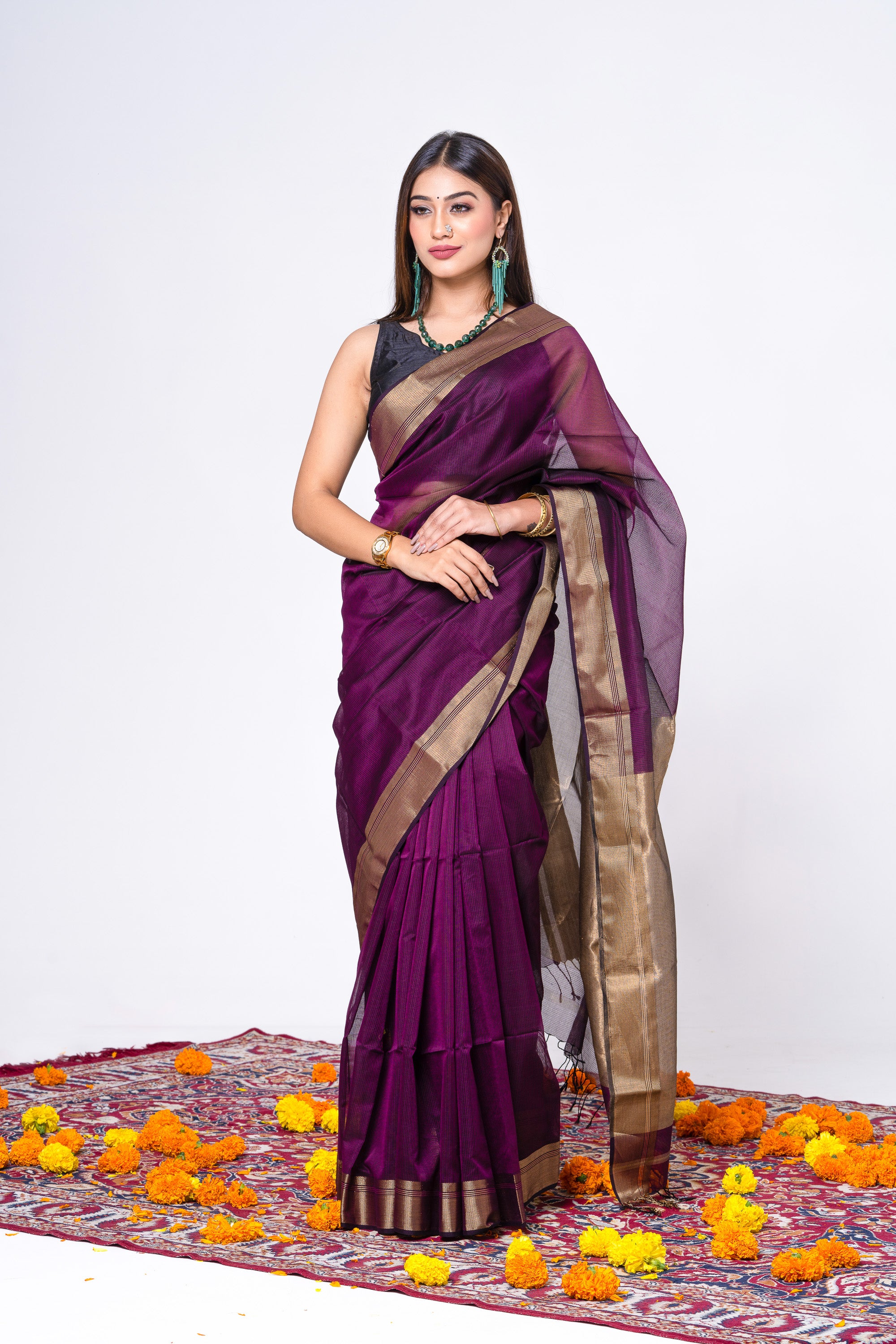 Magenta Gold Pallu Maheshwari Saree