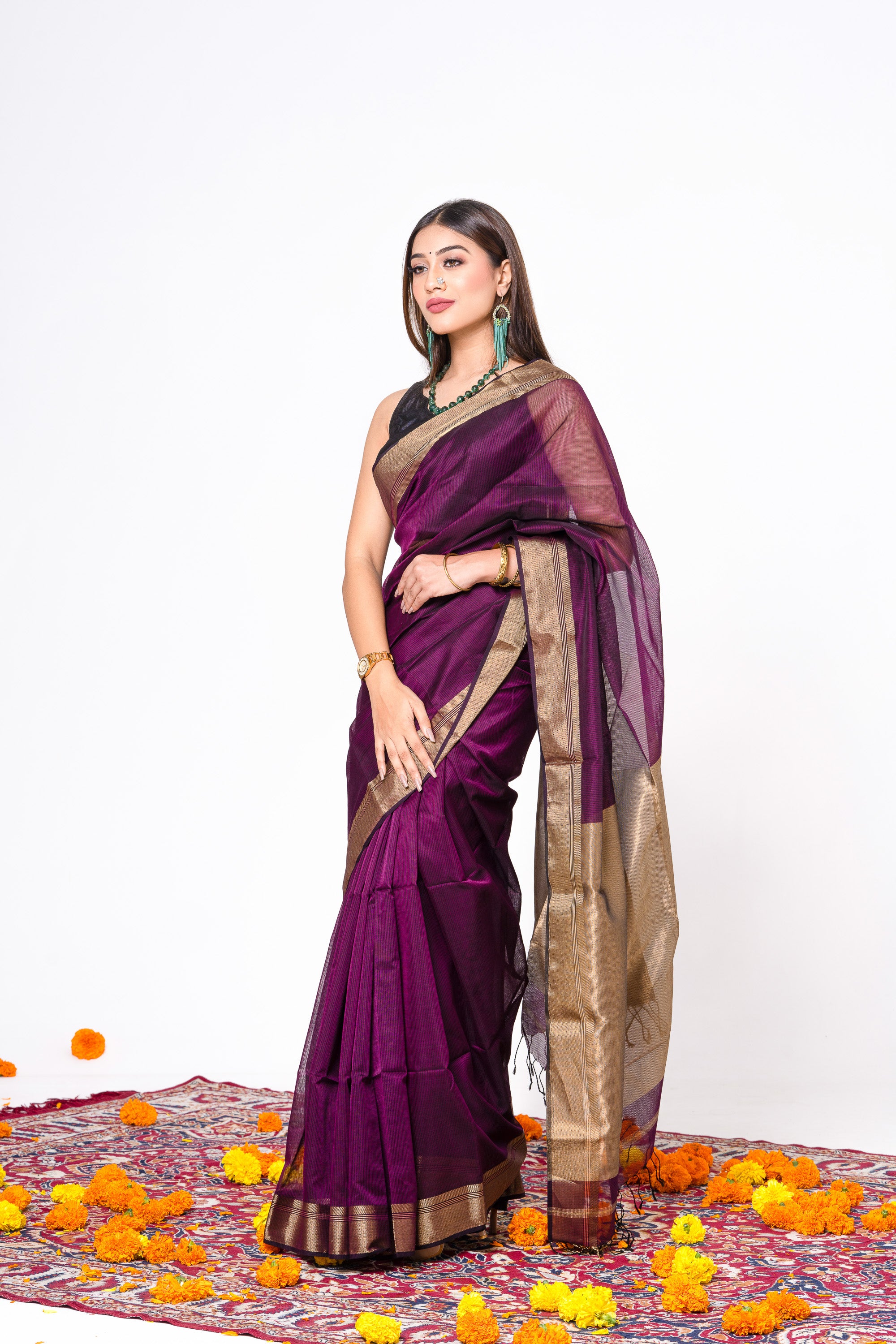 Magenta Gold Pallu Maheshwari Saree