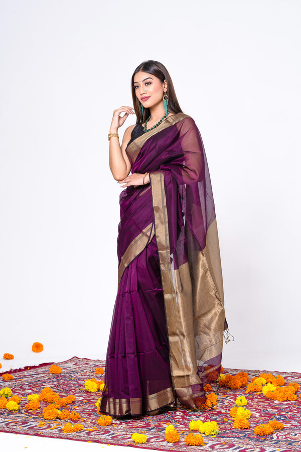 Magenta Gold Pallu Maheshwari Saree