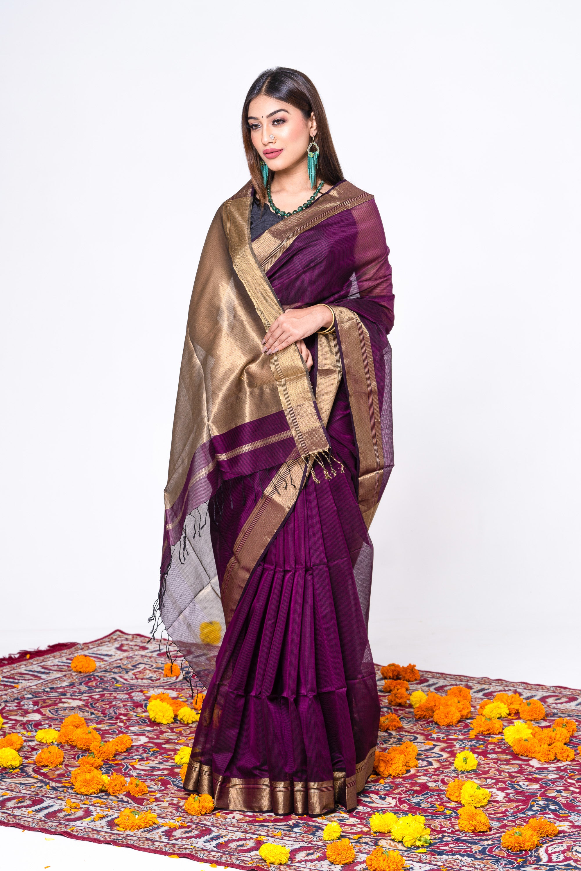 Magenta Gold Pallu Maheshwari Saree