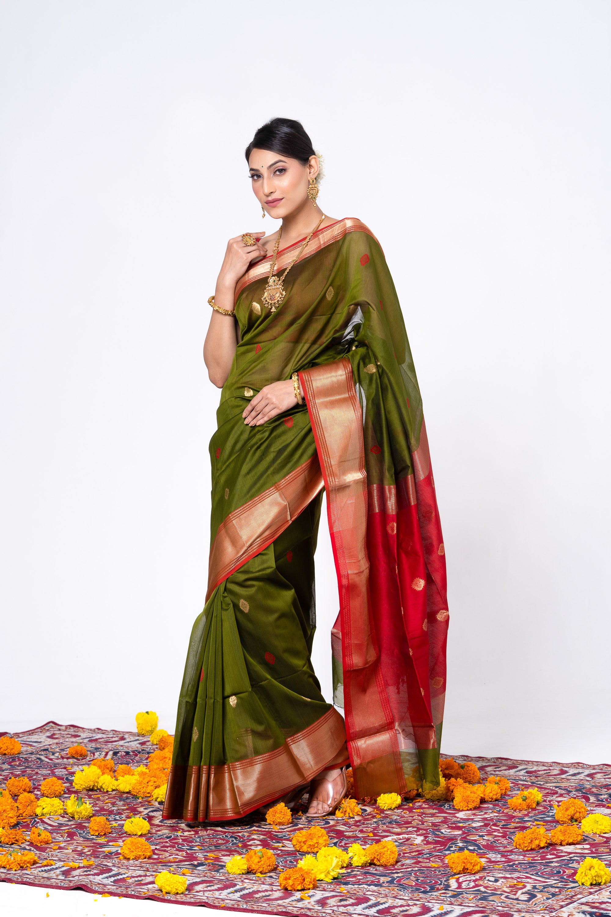 Olive Green with Red Maheshwari Saree