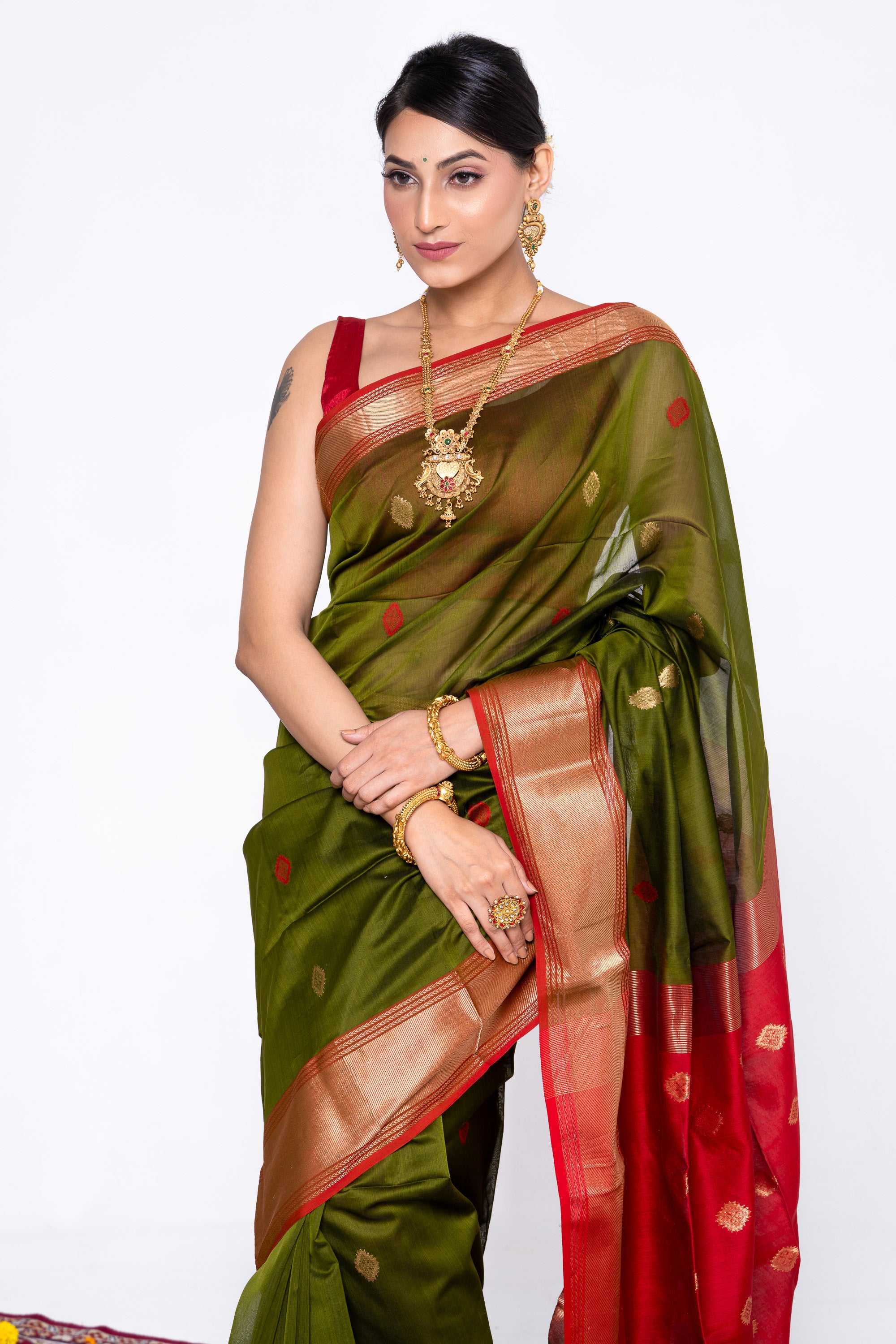 Olive Green with Red Maheshwari Saree