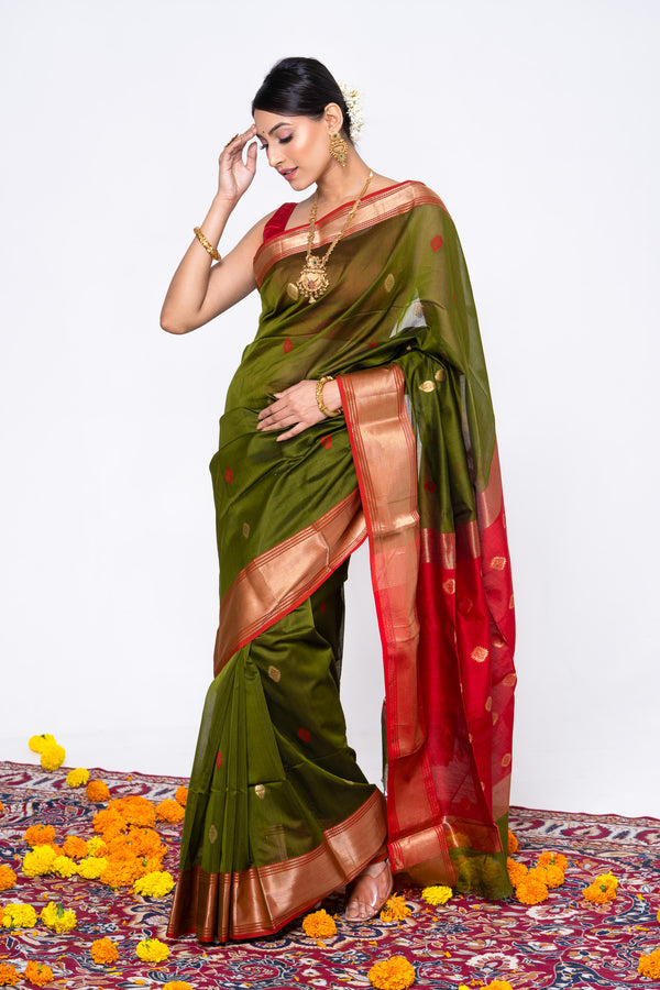 Olive Green with Red Maheshwari Saree