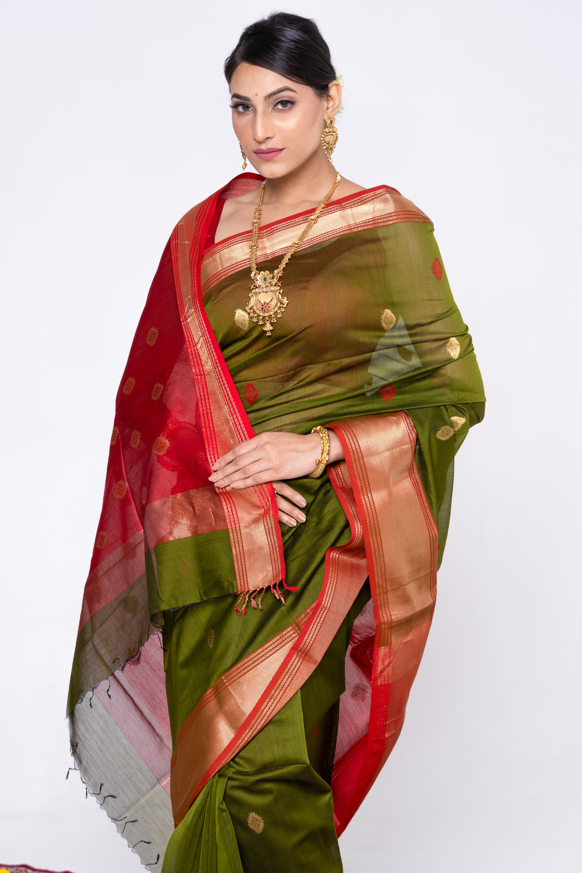 Olive Green with Red Maheshwari Saree