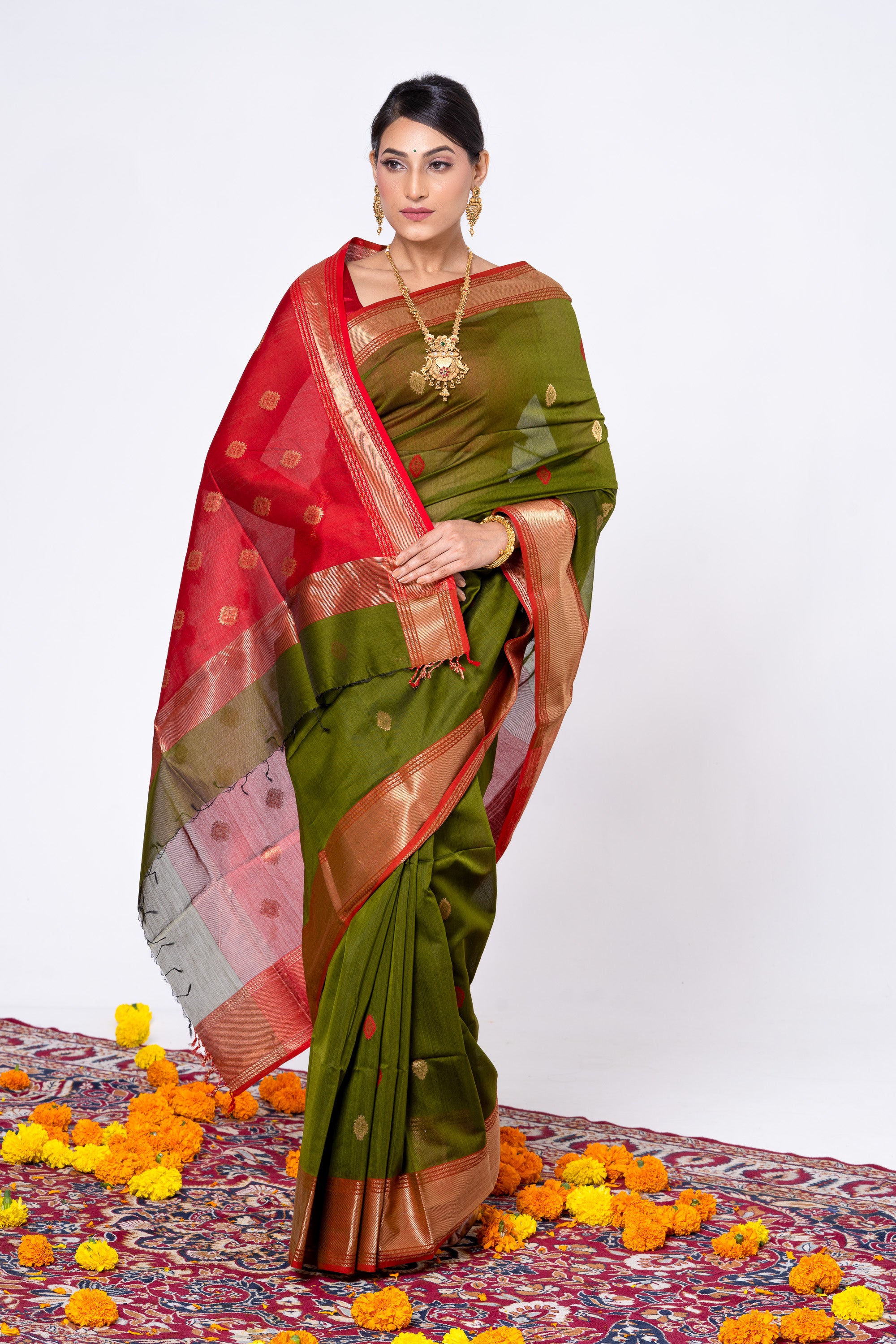 Olive Green with Red Maheshwari Saree