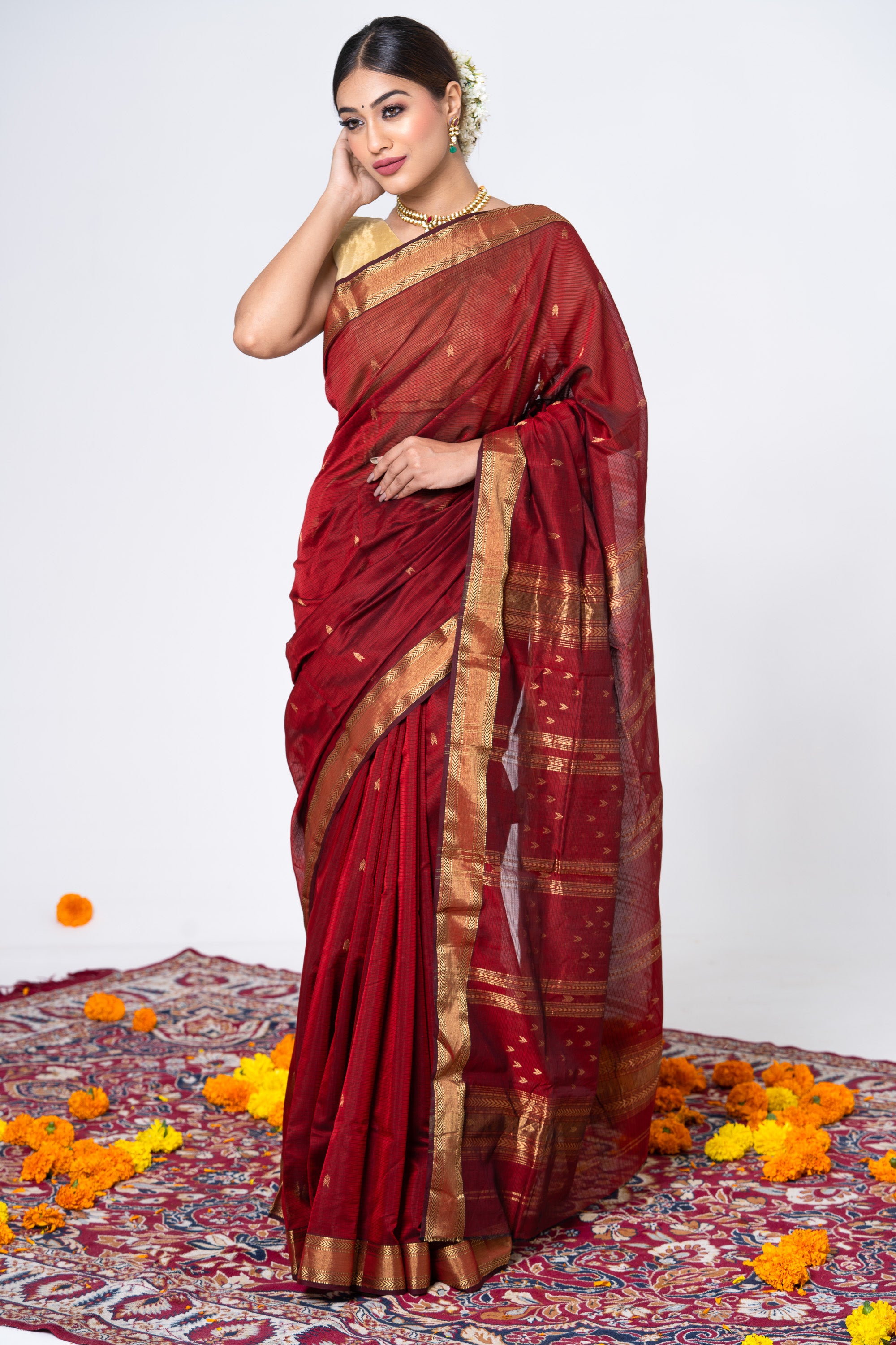 Maroon Traditional Handwoven Maheshwari Saree