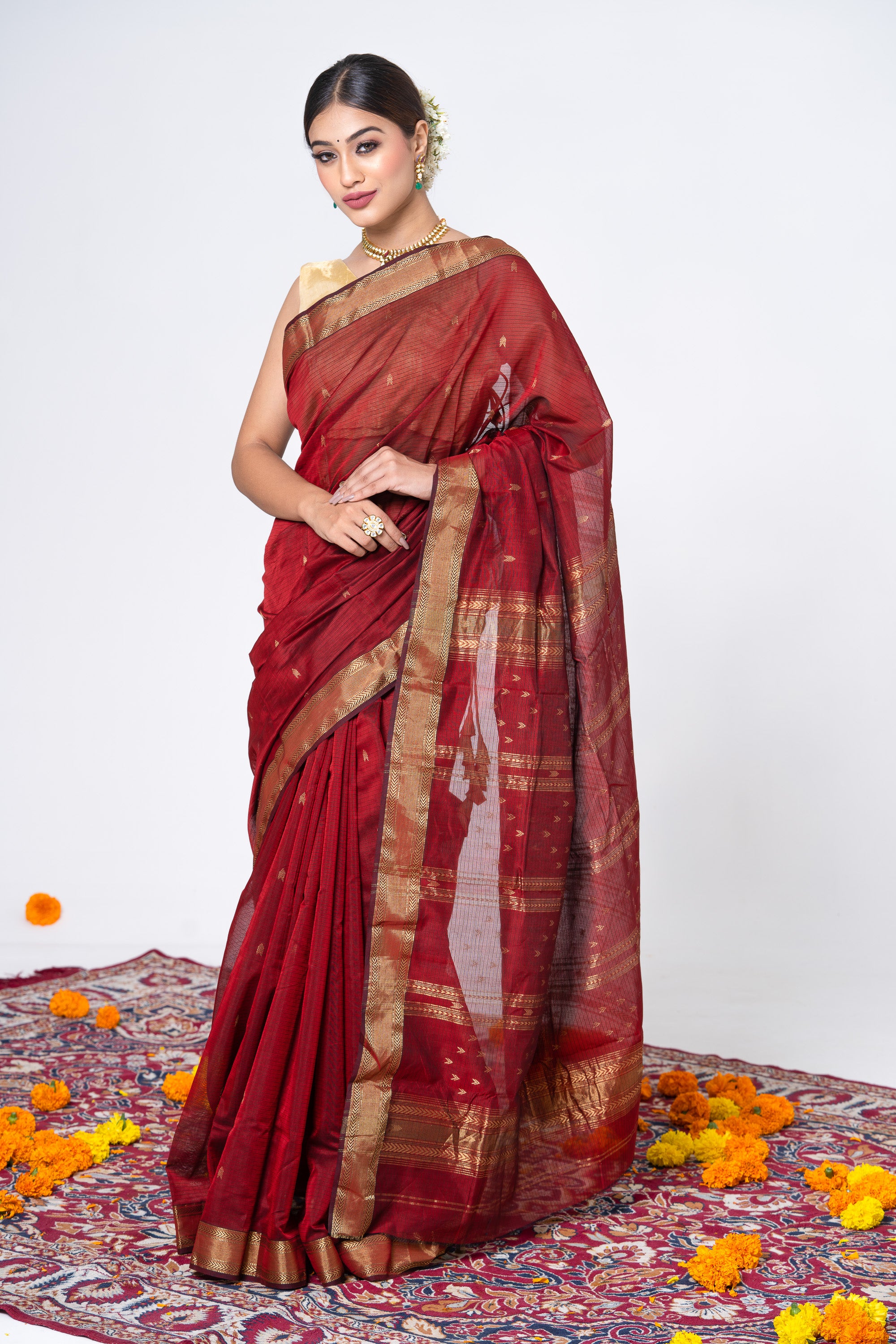 Maroon Traditional Handwoven Maheshwari Saree