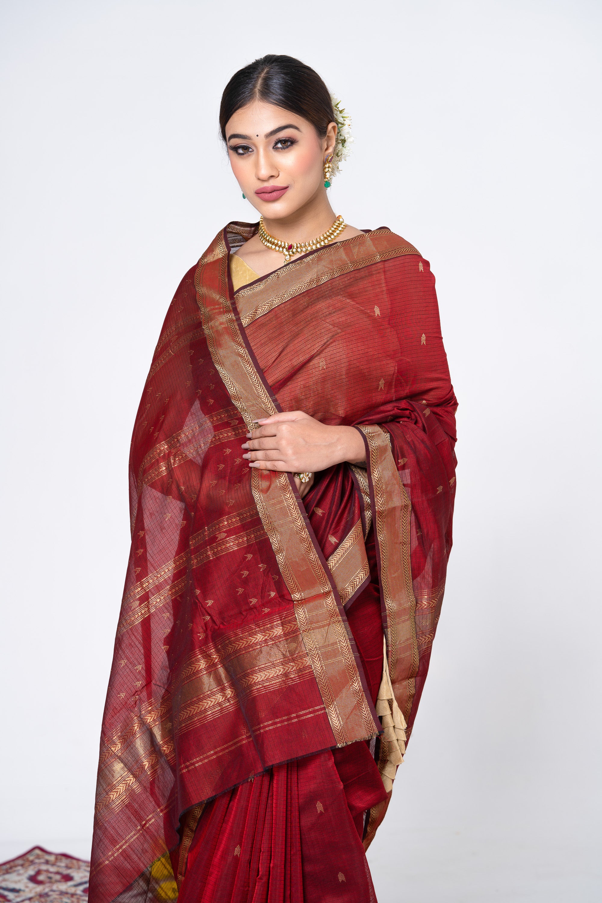 Maroon Traditional Handwoven Maheshwari Saree