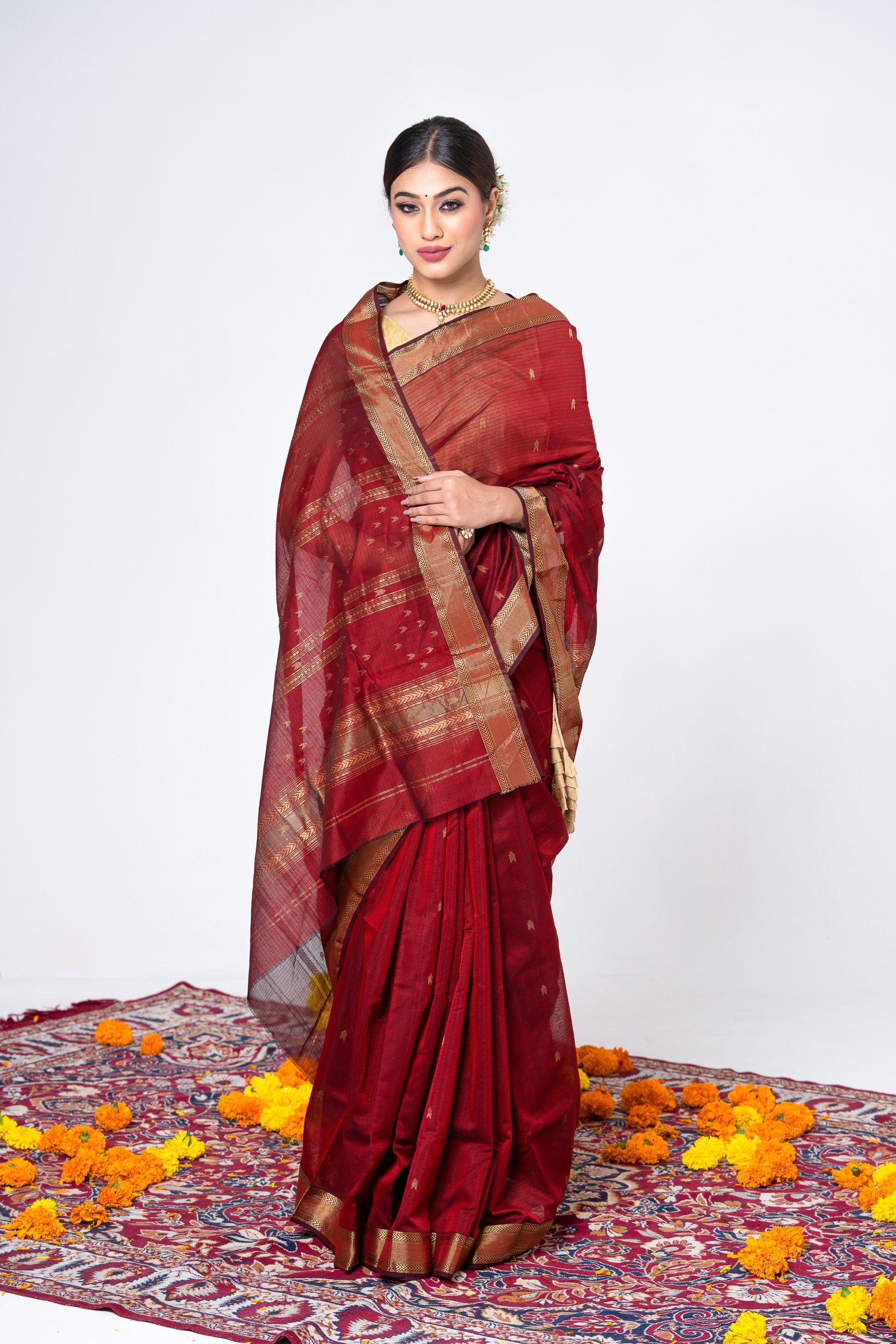 Maroon Traditional Handwoven Maheshwari Saree