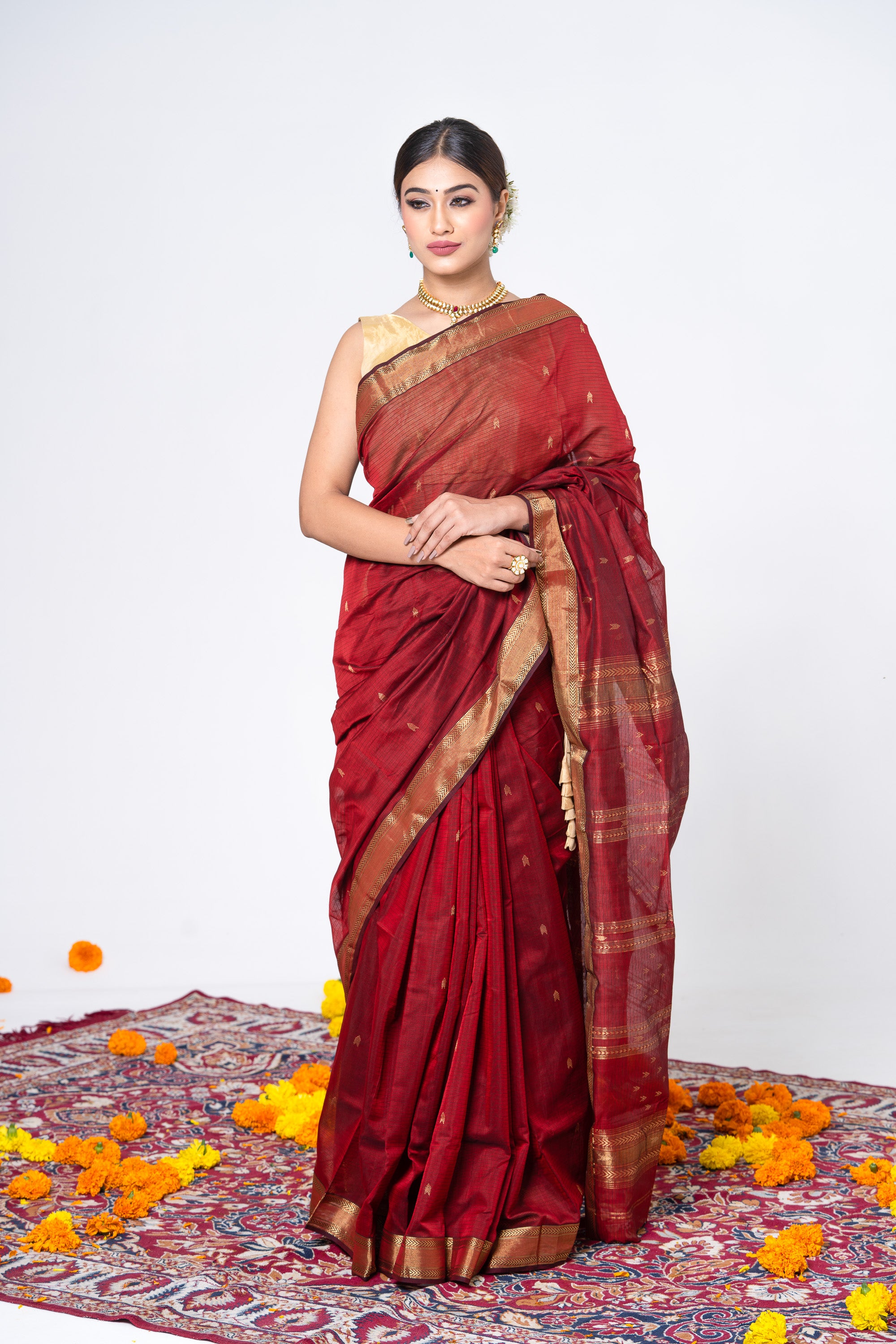 Maroon Traditional Handwoven Maheshwari Saree