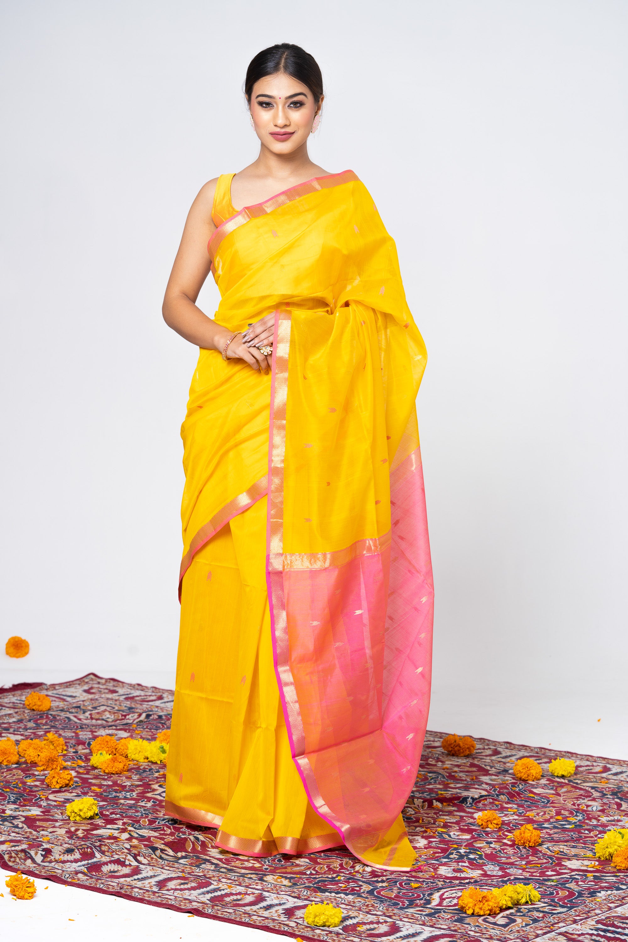 Lehar Border Basic Maheshwari Saree - Yellow Pink