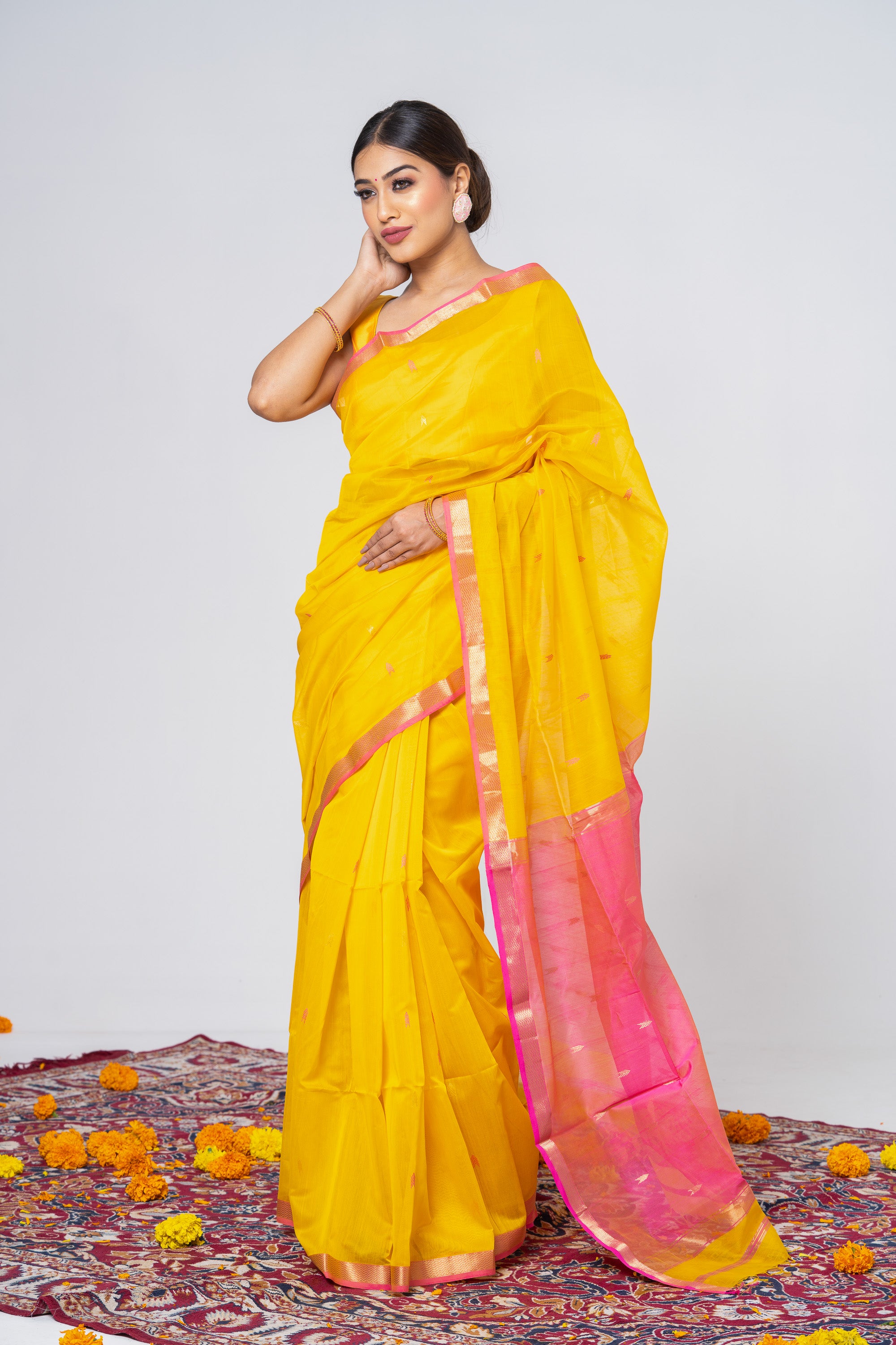 Mango Yellow with Hot Pink Pallu Linen Jamdani Buti Saree– Swapna Creation