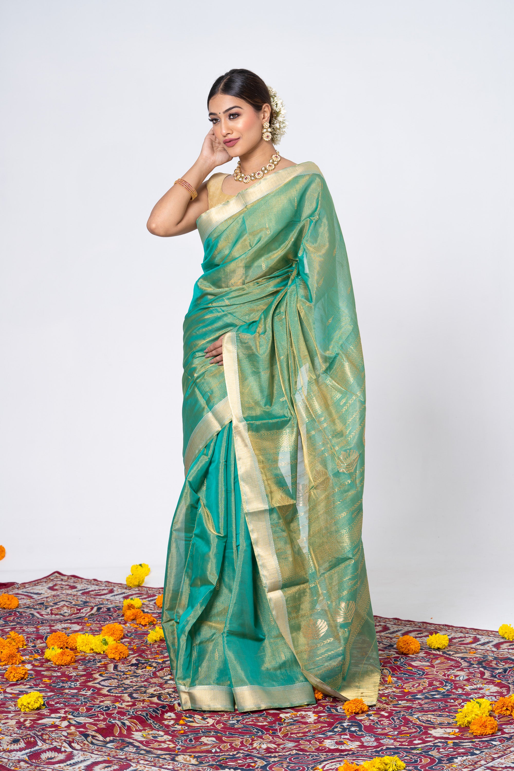 Turquoise Tissue Saree