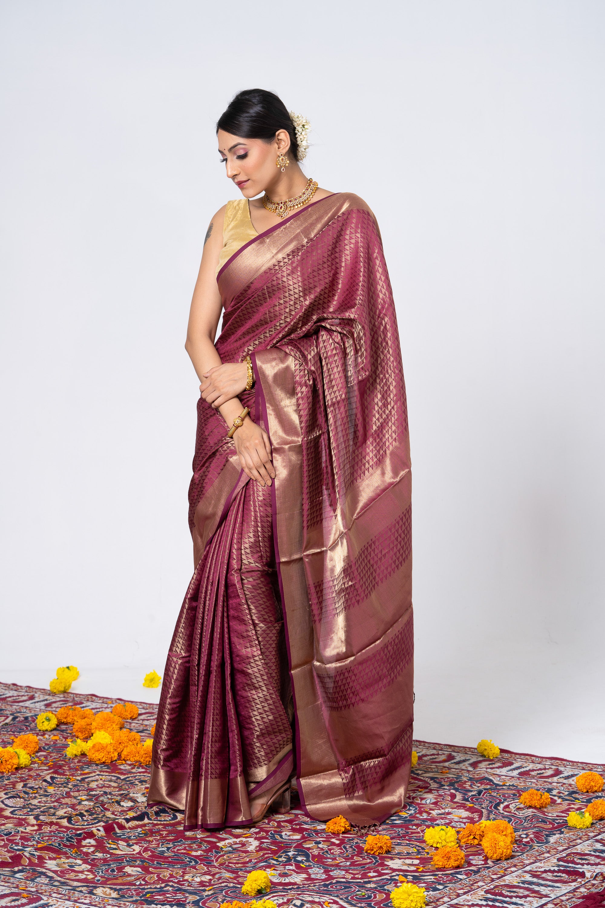 Wine Kanjivaram Inspired Maheshwari Saree