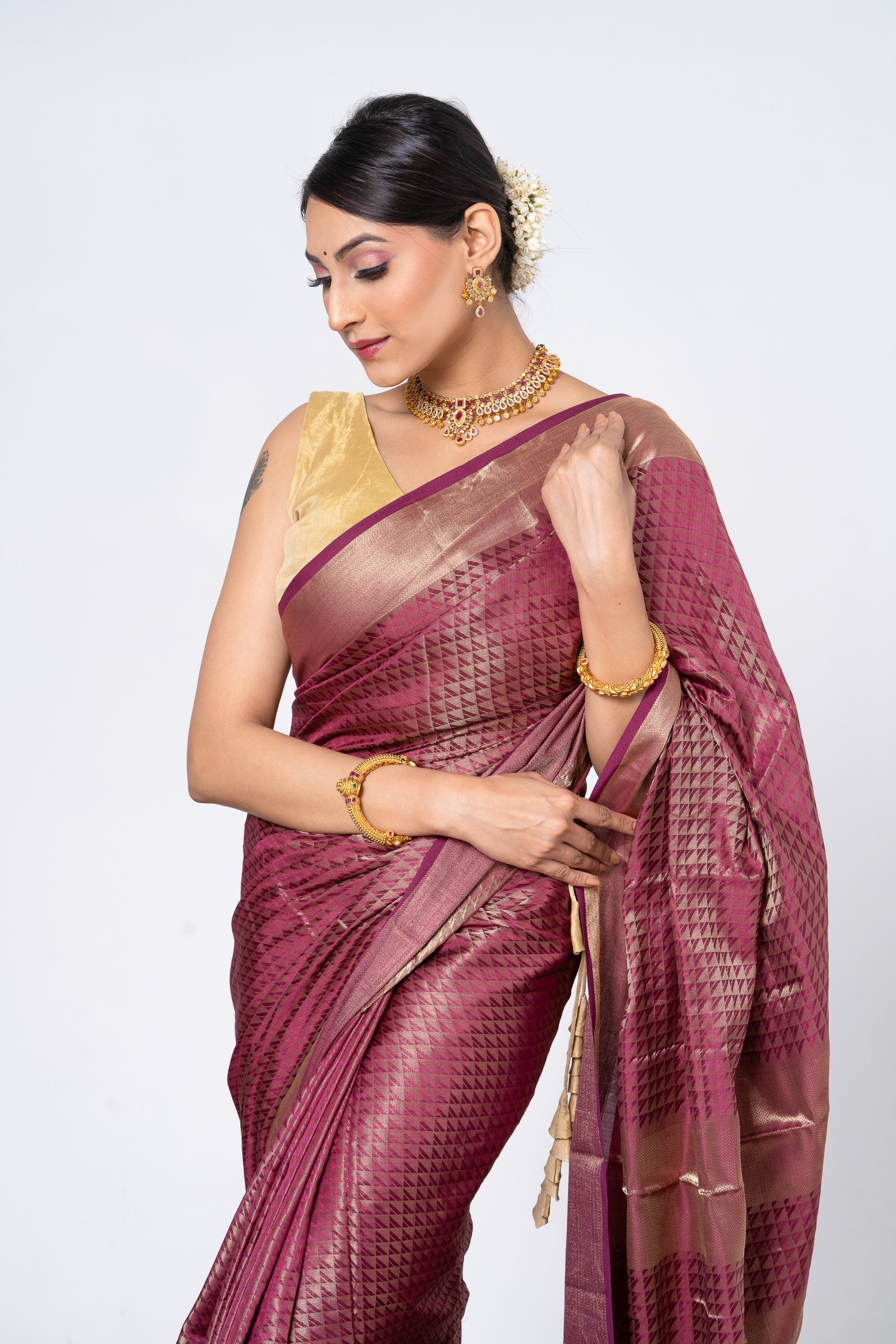 Wine Kanjivaram Inspired Maheshwari Saree