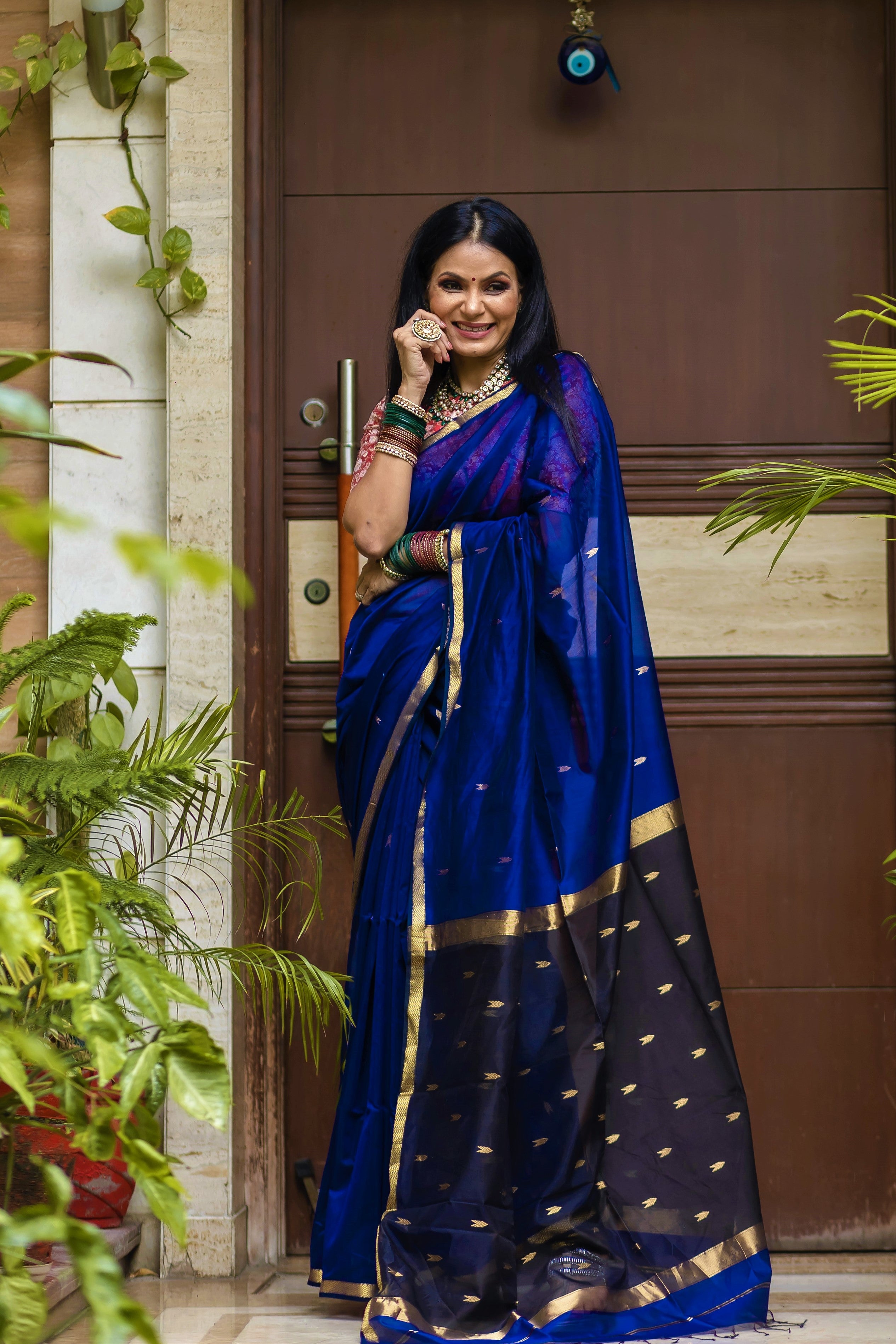 Lehar Border Basic Maheshwari Saree - Blue Black