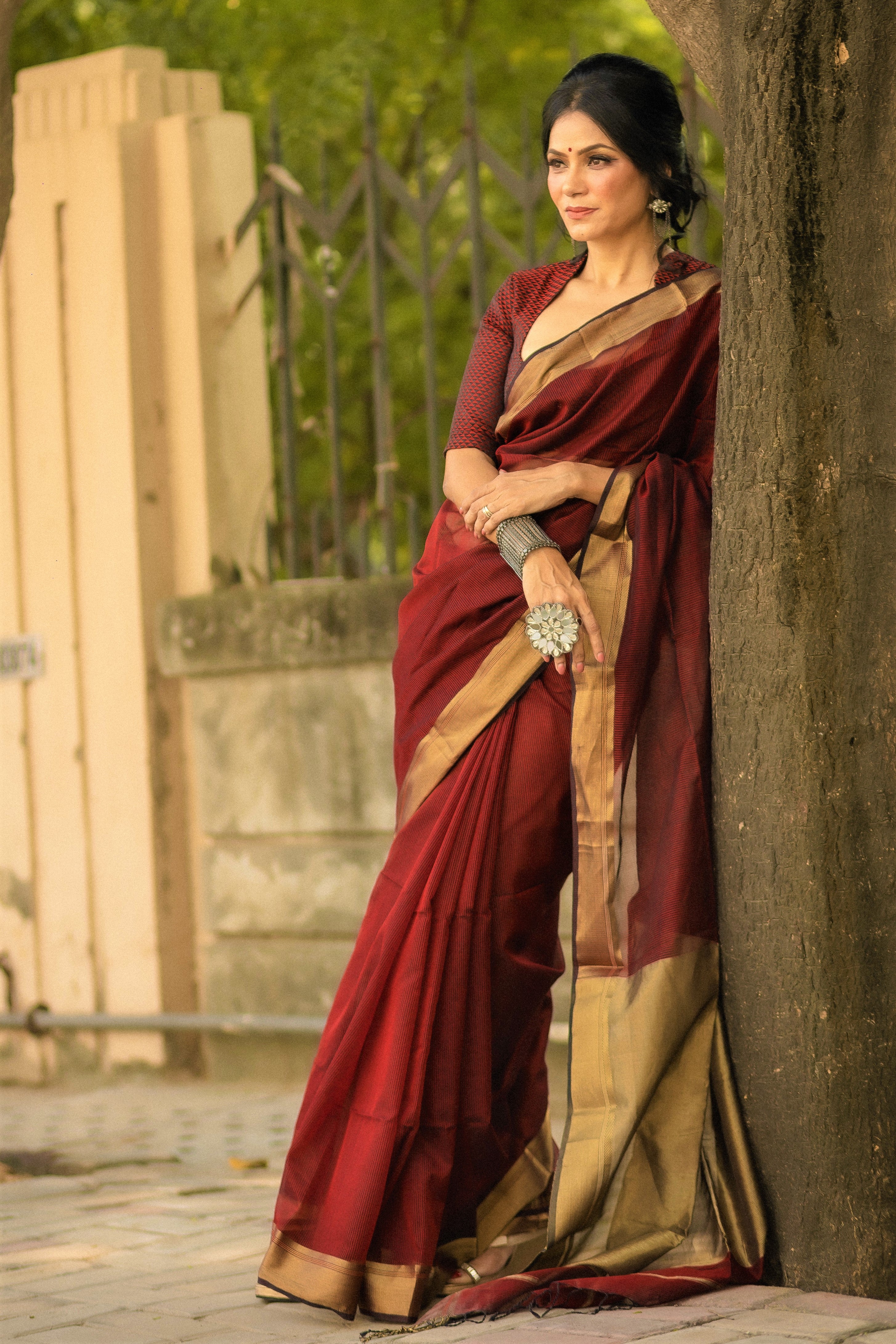 Maroon Gold Pallu Maheshwari Saree