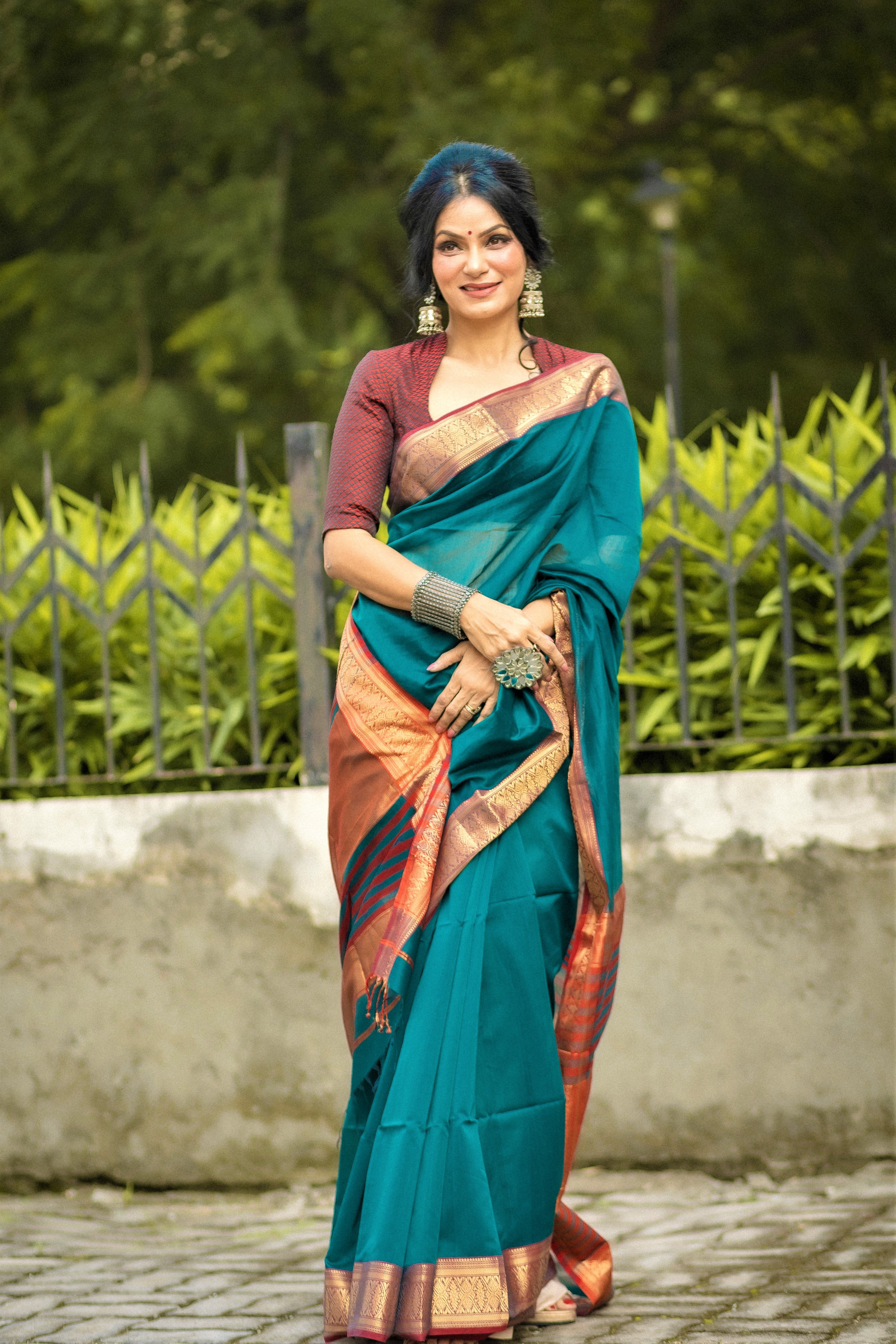 green red border maheshwari  saree