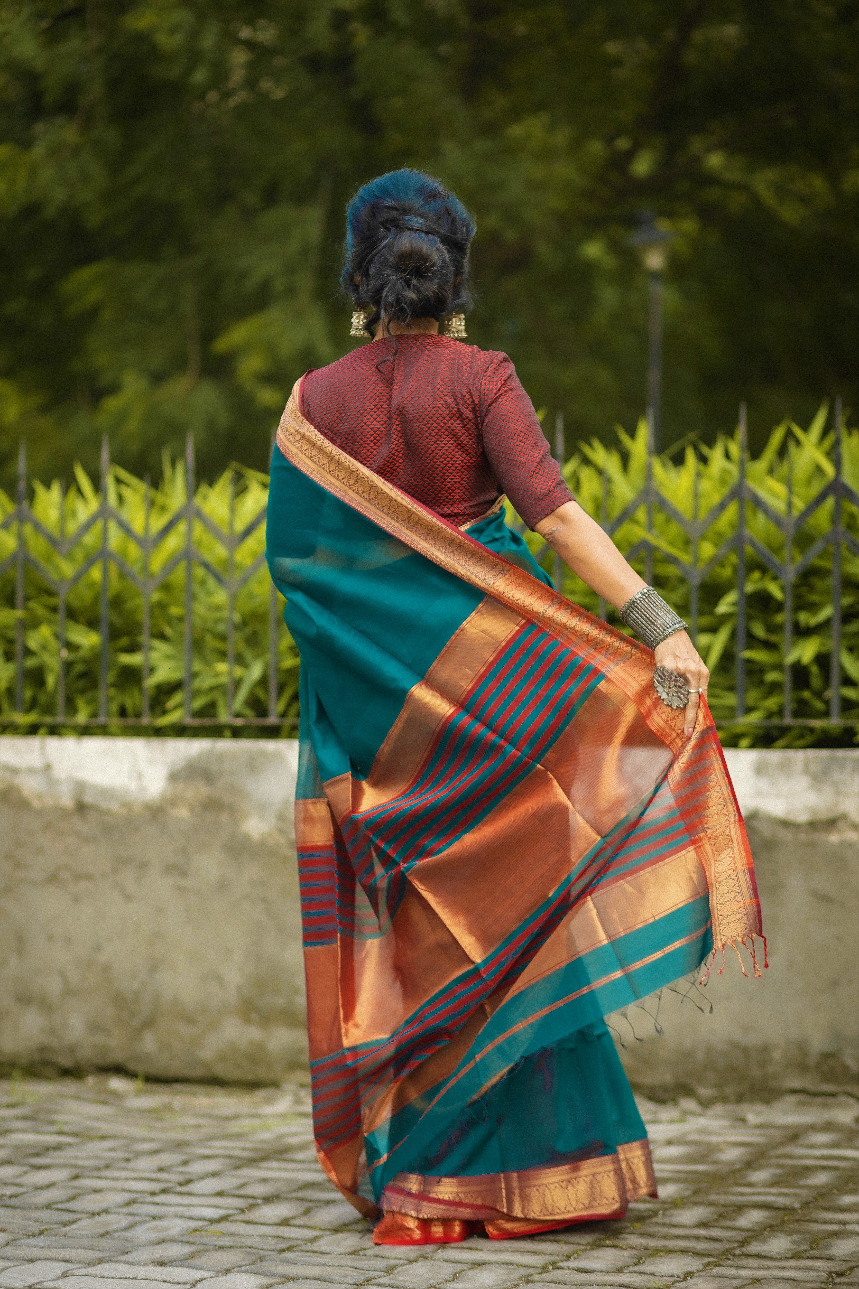 green red border maheshwari  saree