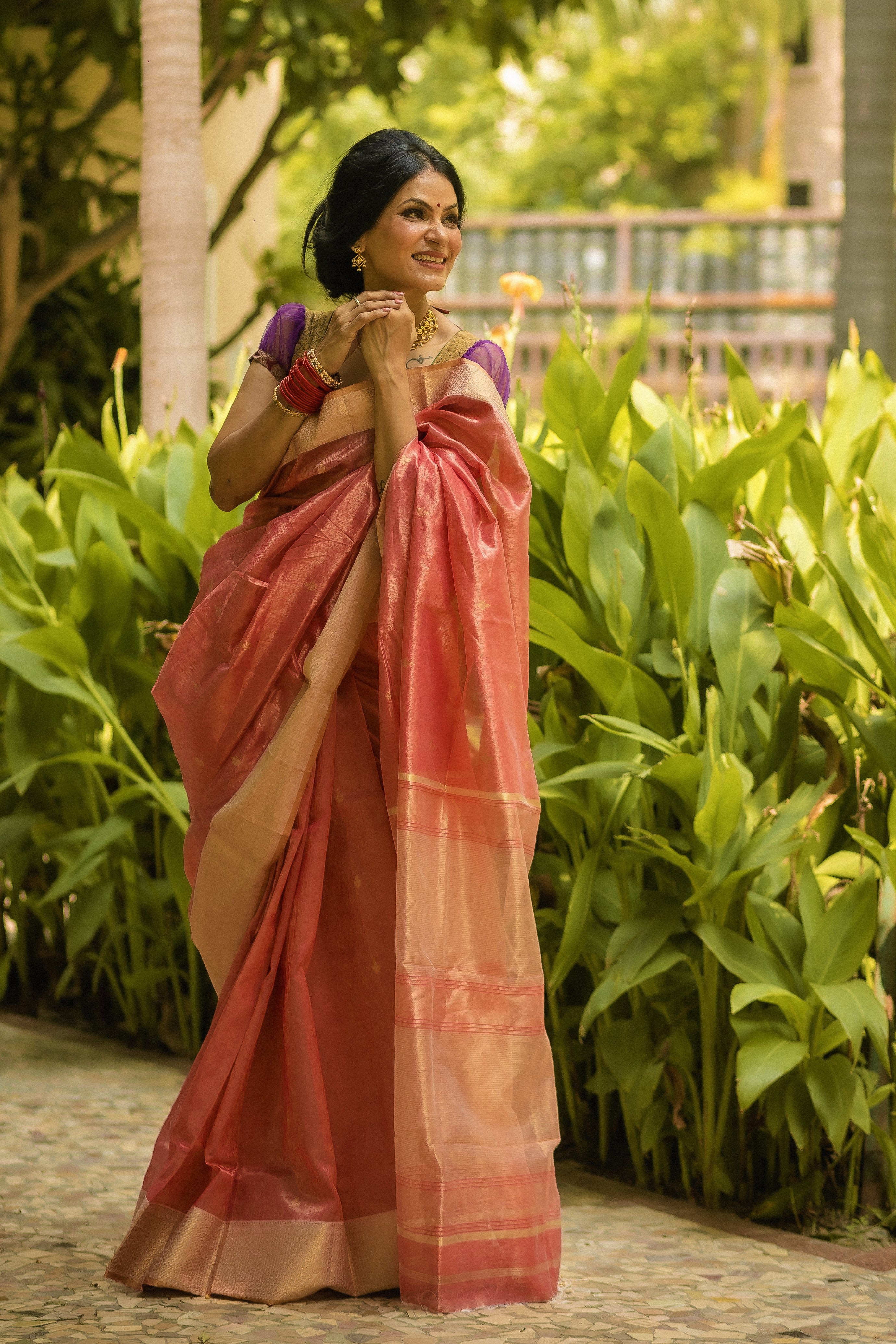 pink tissue twisted weave maheshwari saree