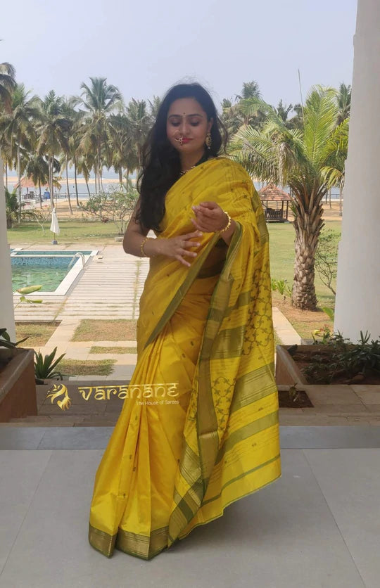 Lata Jaal Yellow Saree